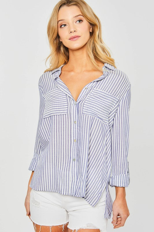 Striped Roll Up Sleeve Button Down Blouse Shirts