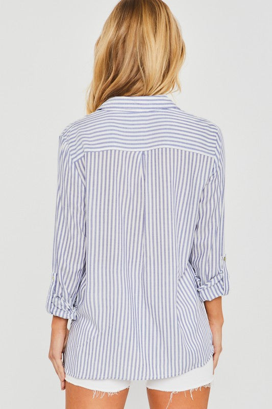 Striped Roll Up Sleeve Button Down Blouse Shirts