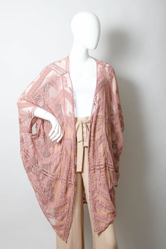 Embroidered Mesh Leaf Kimono