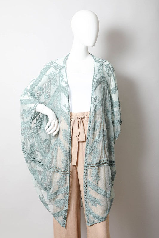 Embroidered Mesh Leaf Kimono