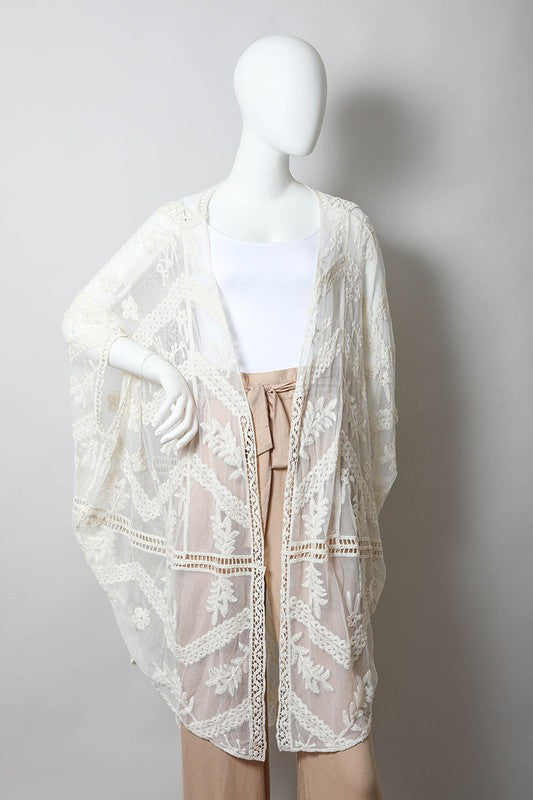 Embroidered Mesh Leaf Kimono