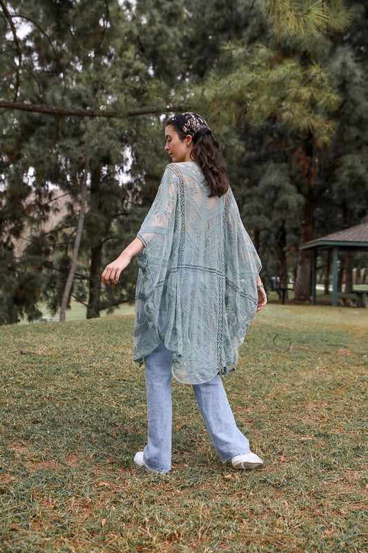 Embroidered Mesh Leaf Kimono