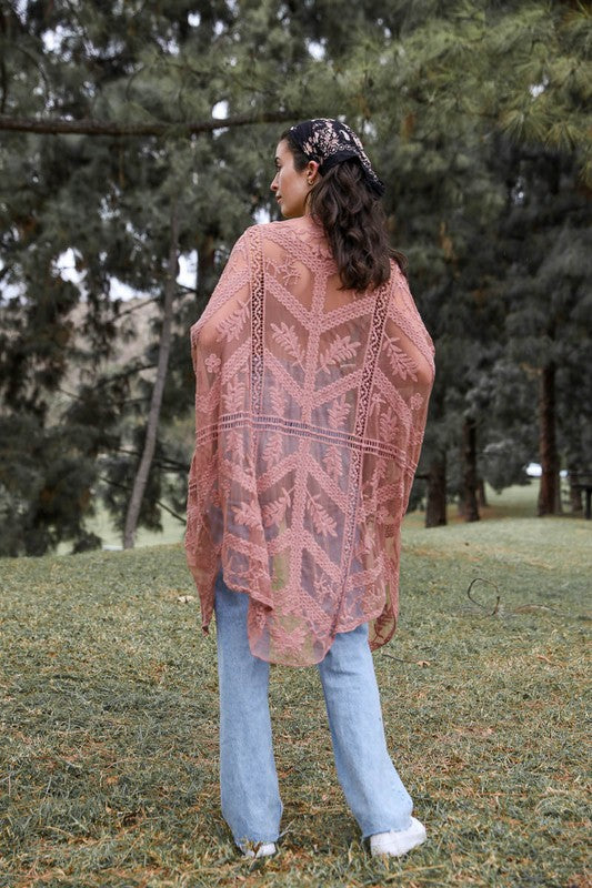 Embroidered Mesh Leaf Kimono