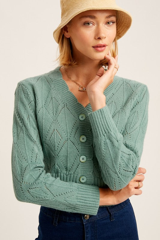 V-neck Scallop Edge Button Down Ctop Knit Cardigan