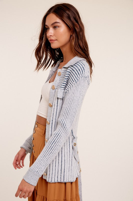 Kelsie Two Tone Ribbed Belt Cardigan Sweater