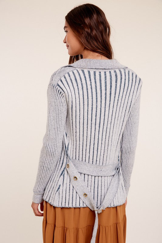 Kelsie Two Tone Ribbed Belt Cardigan Sweater