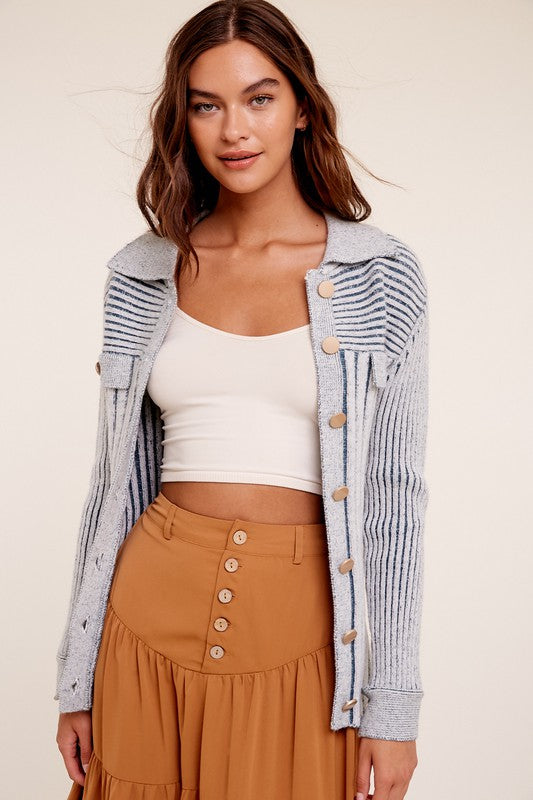 Kelsie Two Tone Ribbed Belt Cardigan Sweater