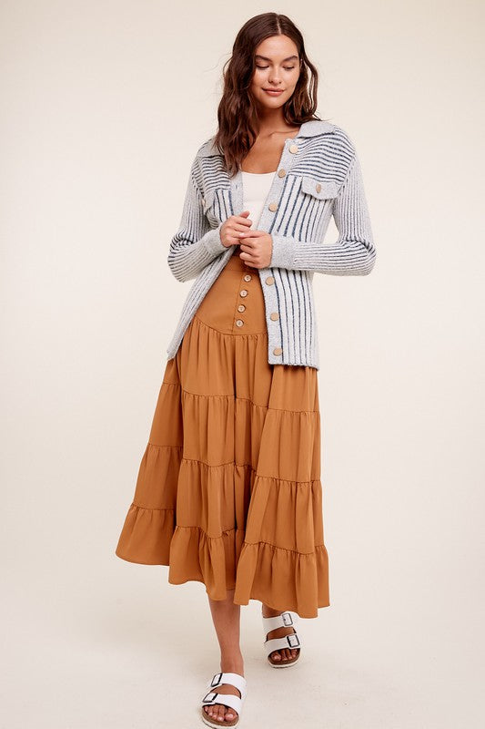 Kelsie Two Tone Ribbed Belt Cardigan Sweater