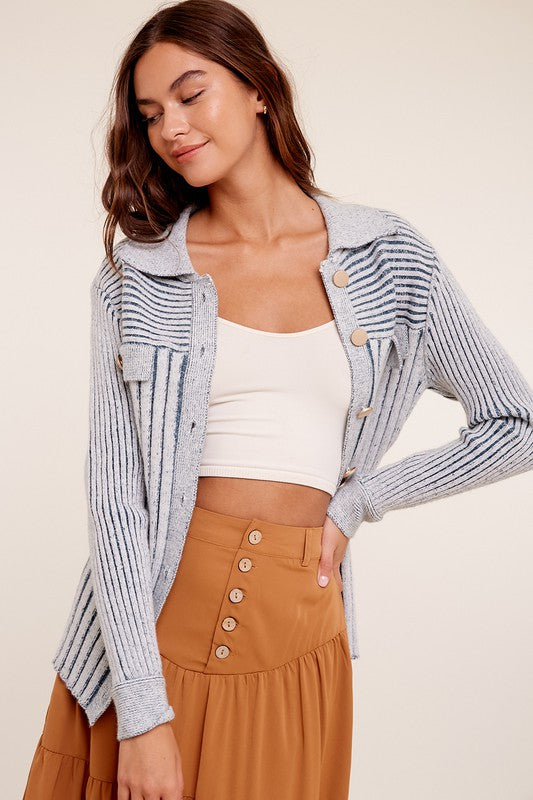 Kelsie Two Tone Ribbed Belt Cardigan Sweater
