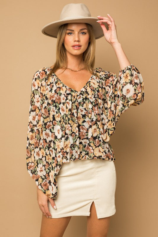 Jeanna L/S V-Neck Shirring Floral Print Top