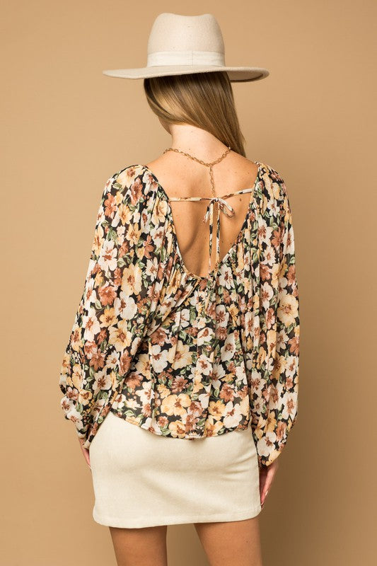 Jeanna L/S V-Neck Shirring Floral Print Top