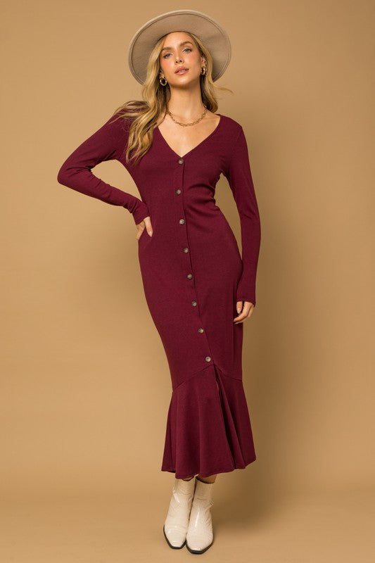 Trish V-Neck Button Down Mermaid Hem Maxi Dress