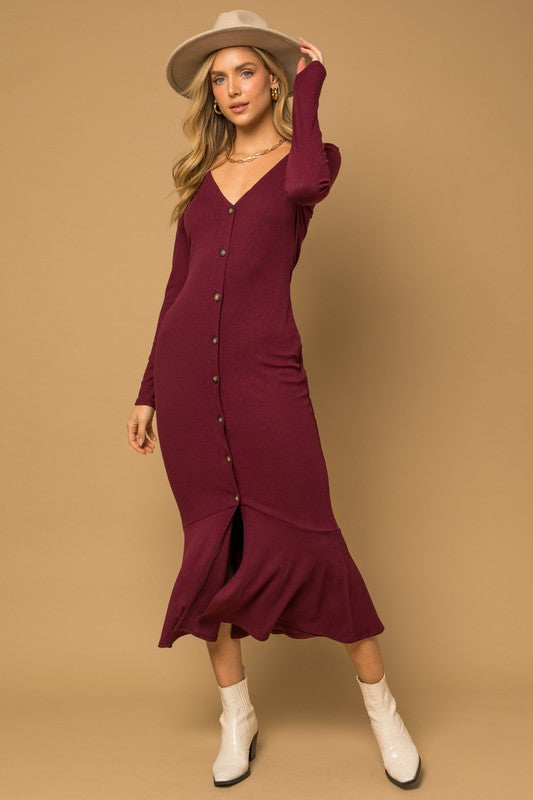 Trish V-Neck Button Down Mermaid Hem Maxi Dress