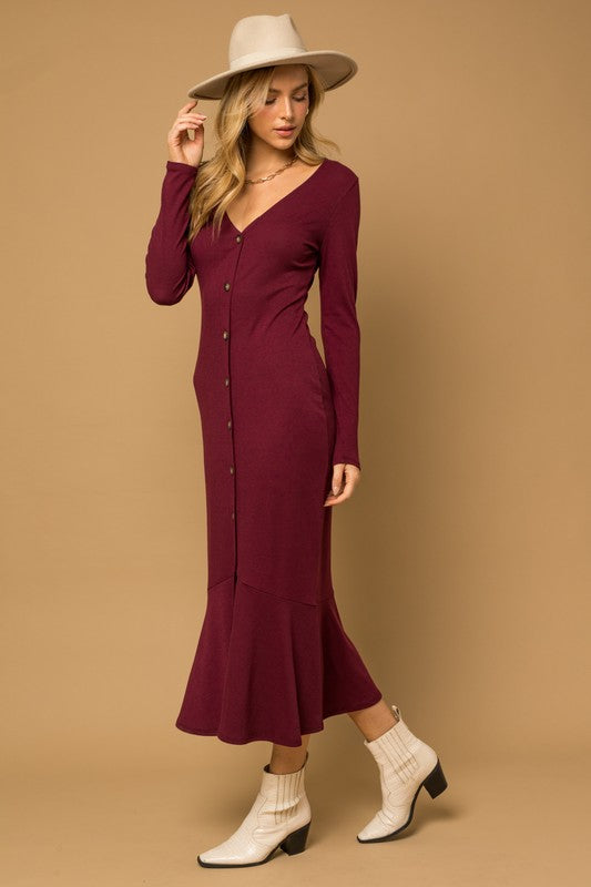 Trish V-Neck Button Down Mermaid Hem Maxi Dress