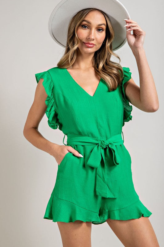 V-NECK RUFFLED WAIST TIE ROMPER