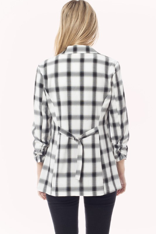 Plaid Ruched 3/4 Sleeve Buttonless Stretchy Blazer