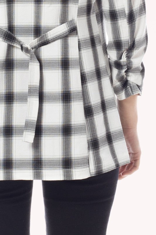Plaid Ruched 3/4 Sleeve Buttonless Stretchy Blazer