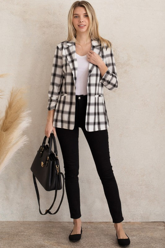 Plaid Ruched 3/4 Sleeve Buttonless Stretchy Blazer