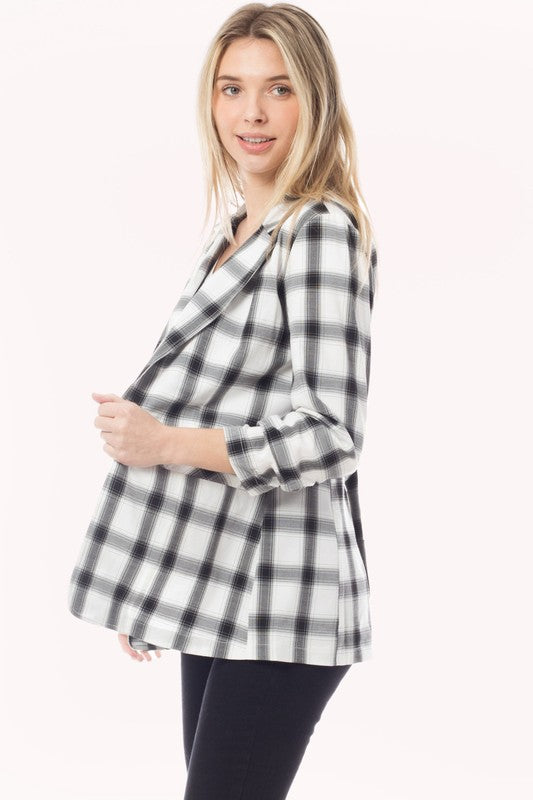 Plaid Ruched 3/4 Sleeve Buttonless Stretchy Blazer
