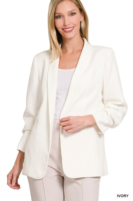 WOVEN 3/4 RUCHED SLEEVE OPEN FRONT CLASSIC BLAZER