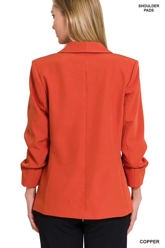 WOVEN 3/4 RUCHED SLEEVE OPEN FRONT CLASSIC BLAZER