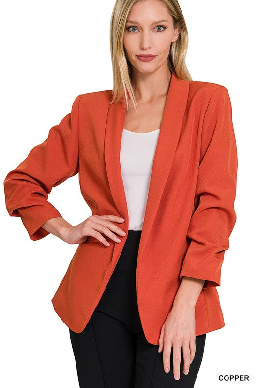 WOVEN 3/4 RUCHED SLEEVE OPEN FRONT CLASSIC BLAZER