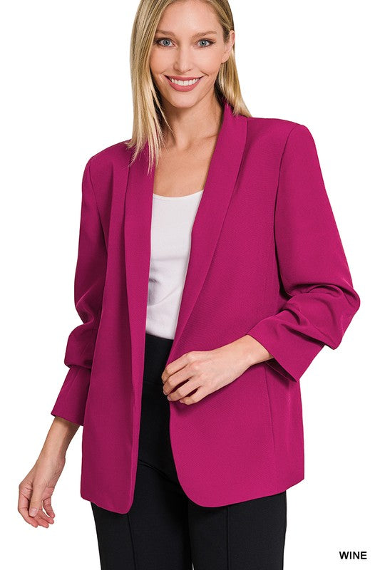 WOVEN 3/4 RUCHED SLEEVE OPEN FRONT CLASSIC BLAZER