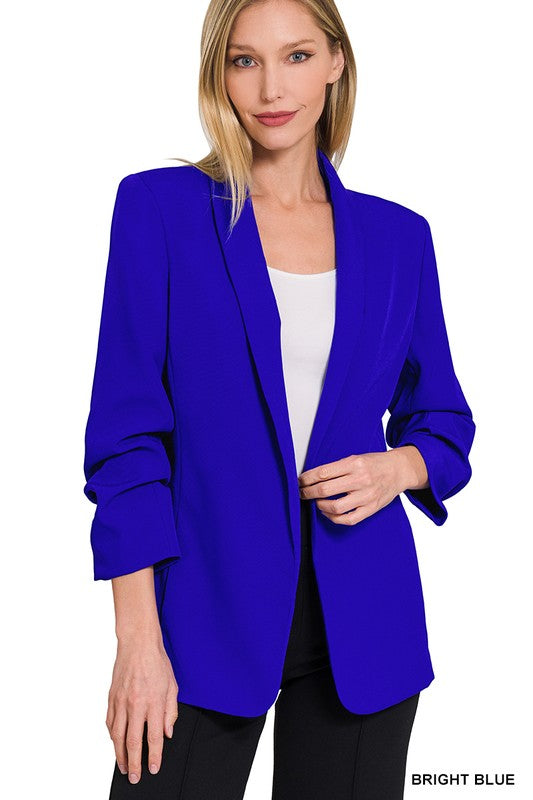 WOVEN 3/4 RUCHED SLEEVE OPEN FRONT CLASSIC BLAZER