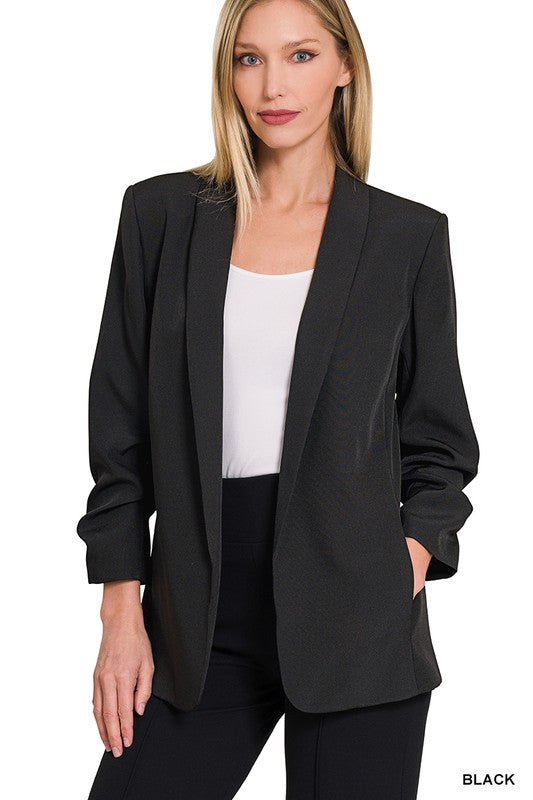 WOVEN 3/4 RUCHED SLEEVE OPEN FRONT CLASSIC BLAZER