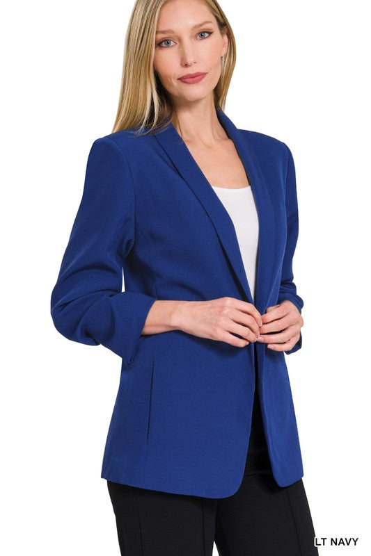 WOVEN 3/4 RUCHED SLEEVE OPEN FRONT CLASSIC BLAZER