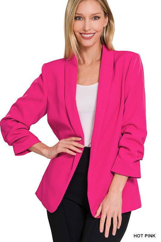 WOVEN 3/4 RUCHED SLEEVE OPEN FRONT CLASSIC BLAZER