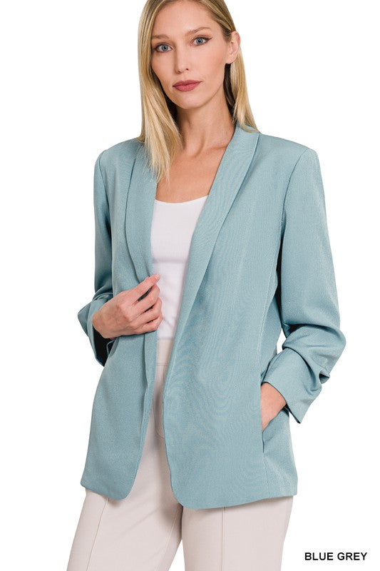 WOVEN 3/4 RUCHED SLEEVE OPEN FRONT CLASSIC BLAZER