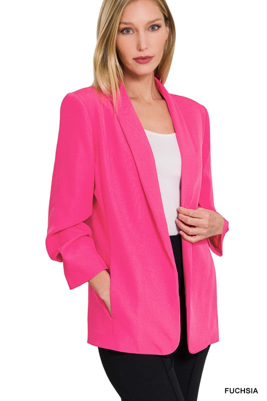 WOVEN 3/4 RUCHED SLEEVE OPEN FRONT CLASSIC BLAZER