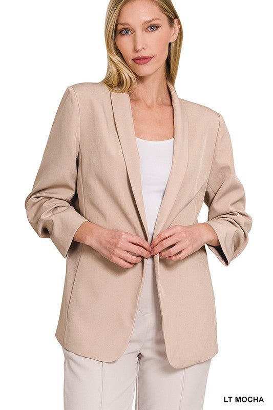 WOVEN 3/4 RUCHED SLEEVE OPEN FRONT CLASSIC BLAZER