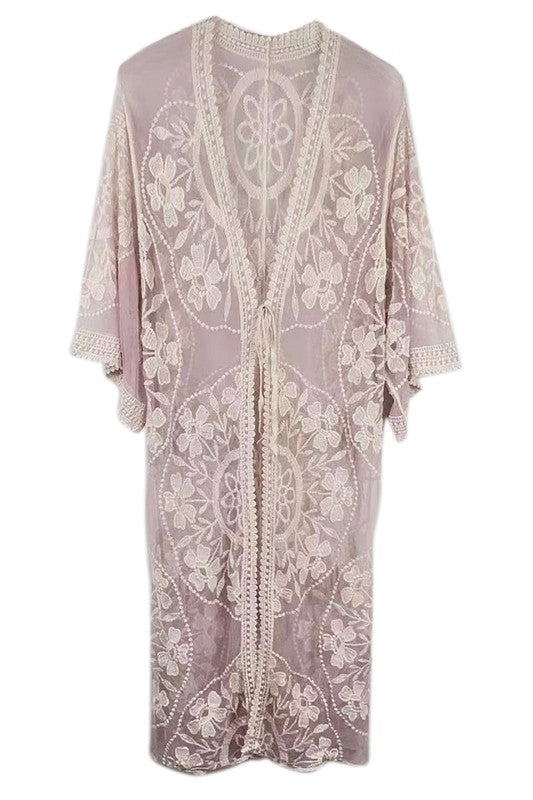 Floral Laced Kimono with Front Tie