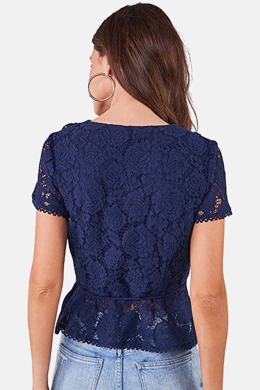 Navy Cotton Floral Lace Ruffle Trim Wrap Top