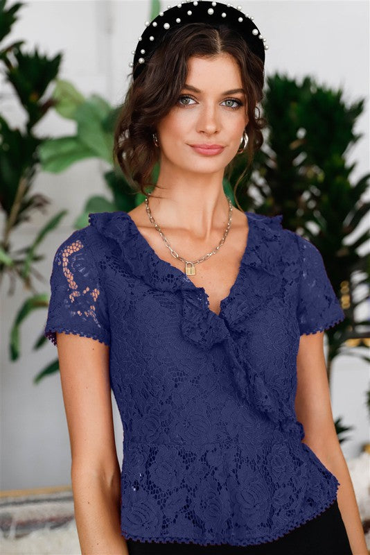 Navy Cotton Floral Lace Ruffle Trim Wrap Top