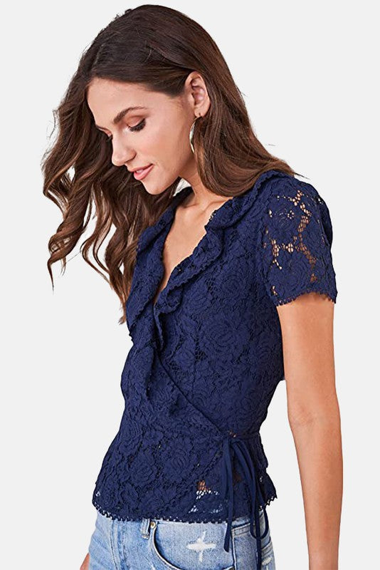 Navy Cotton Floral Lace Ruffle Trim Wrap Top