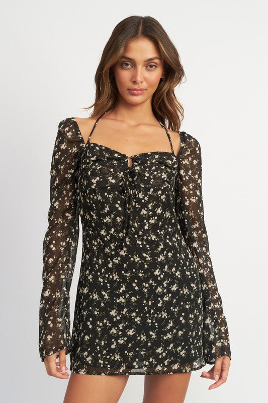 FLORAL LONG SLEEVE DRESS WITH HALTER DETAIL Posh la Mode FLORAL LONG SLEEVE DRESS WITH HALTER DETAIL Posh la Mode