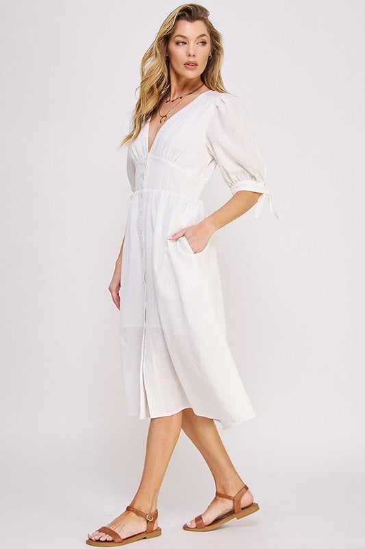 3/4 PUFF SLV TEXTURE VNECK BUTTON DOWN MIDI DRESS