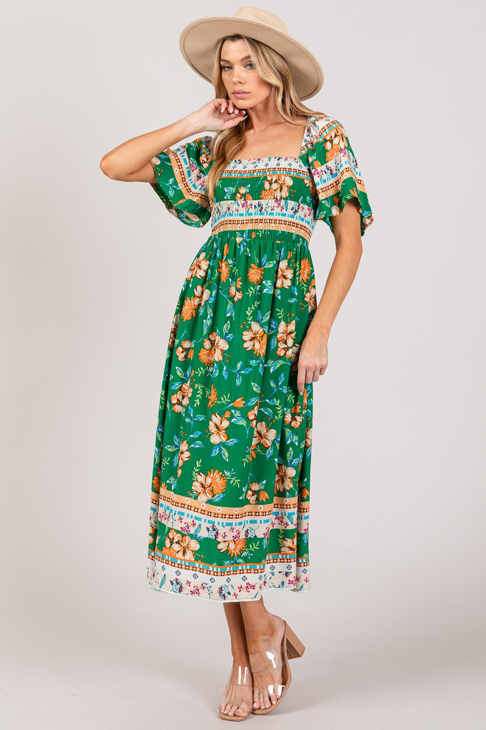 SAGE + FIG Printed Smocked Short Sleeve Midi Dress