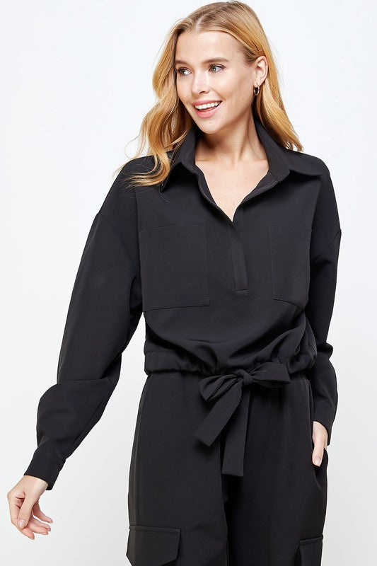 Gathered waist tie athleisure shirt blouse