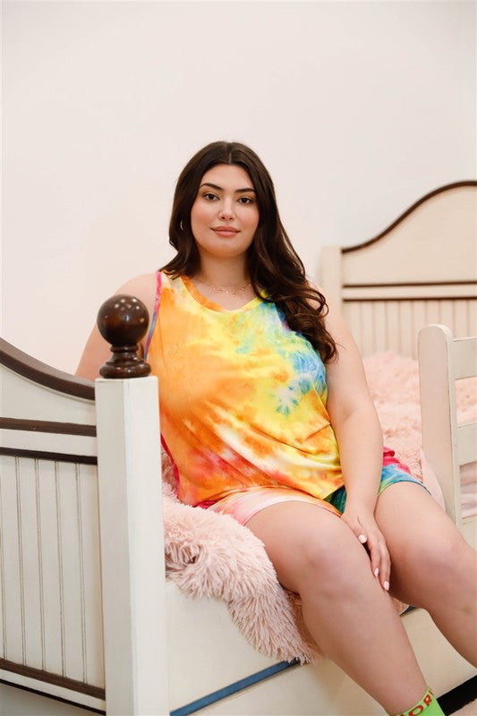 Plus Size Tie Dye Sleeveless Tank Top & Shorts Set