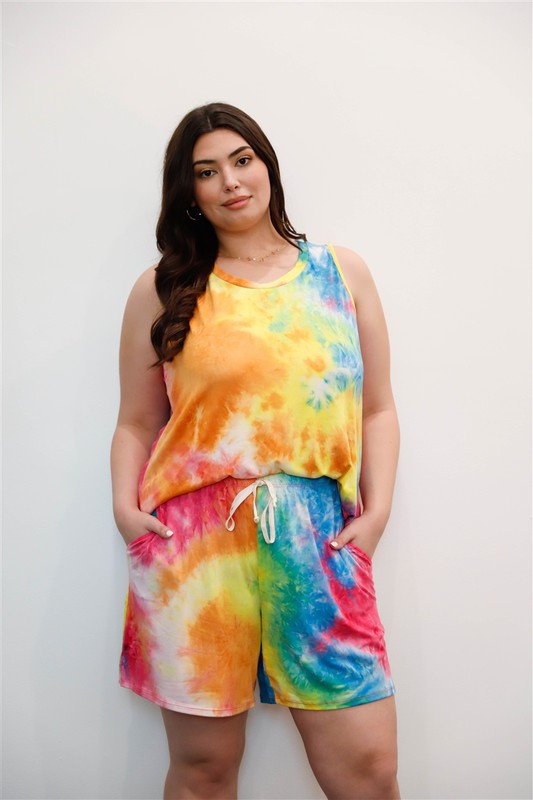 Plus Size Tie Dye Sleeveless Tank Top & Shorts Set