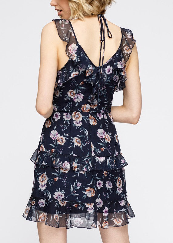 Nurode Wax Flower Mini Ruffled Sleeveless Dress