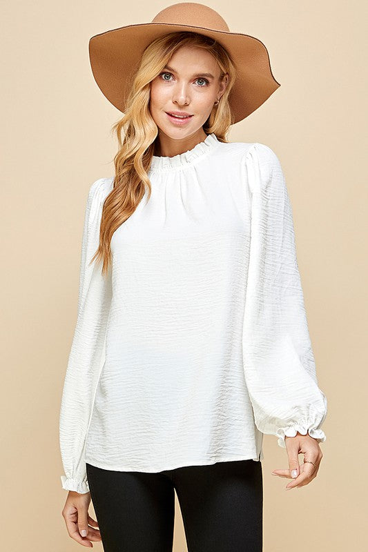 SOLID MOCK NECK WITH RUFFLE LONG SLEEVE BLOUSE