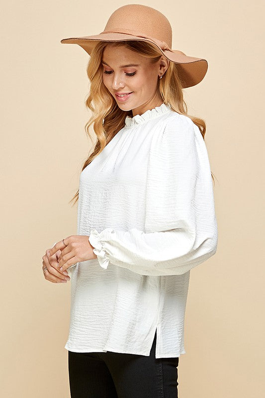 SOLID MOCK NECK WITH RUFFLE LONG SLEEVE BLOUSE