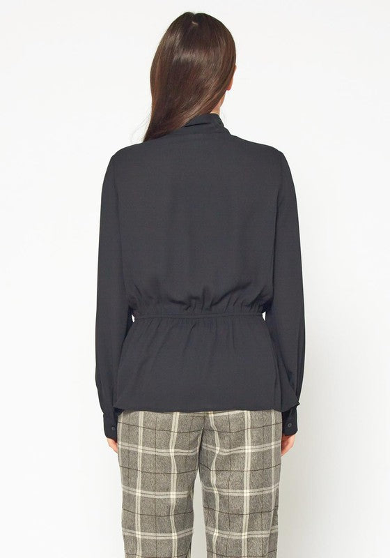 Tie Neck Button Down Peplum Blouse