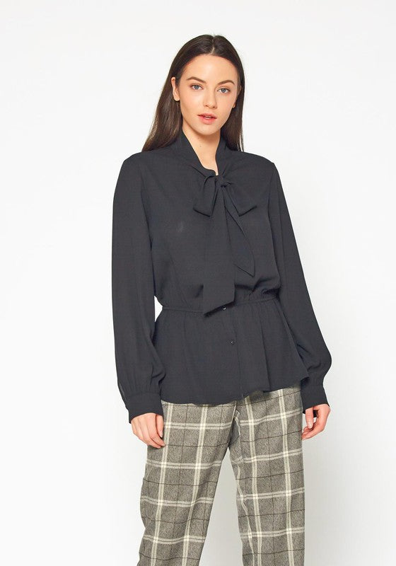 Tie Neck Button Down Peplum Blouse