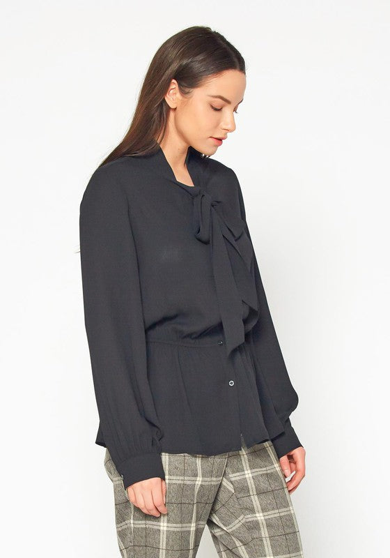 Tie Neck Button Down Peplum Blouse